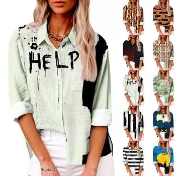 Женская повседневная рубашка с длинным рукавом и лацканами на пуговицах с принтом на Хэллоуин и карманом сверху XXXL бежевый