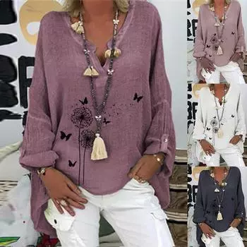 Женская повседневная рубашка с длинным рукавом и цветочным принтом размера плюс, свободная рубашка с v-образным вырезом, блузка, топ L тёмно-синий