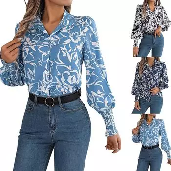 Женская повседневная рубашка с длинным рукавом и пуговицами с цветочным принтом, футболка S