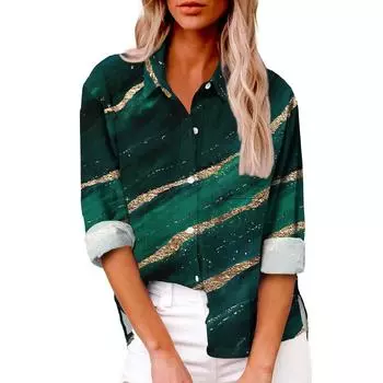 Женская повседневная рубашка с длинным рукавом и лацканами на пуговицах в полоску с принтом и карманом сверху S