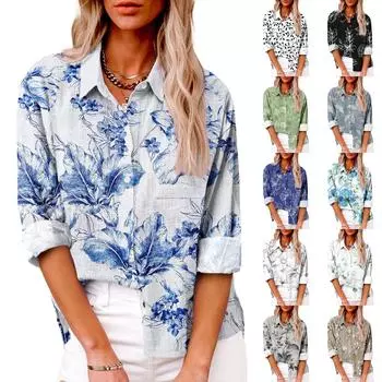 Женская повседневная рубашка с длинным рукавом, лацканами, пуговицами, цветочным принтом и карманом сверху XXL