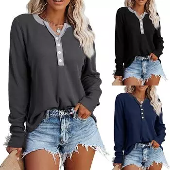 Женская повседневная рубашка с длинным рукавом на пуговицах с V-образным вырезом, туника, топы, блузки M чёрный