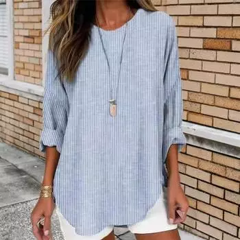 Женская повседневная рубашка с длинным рукавом, свободные полосатые топы с принтом, вертикальная рубашка средней длины с круглым вырезом 2XL синий