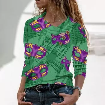 Женская повседневная рубашка с длинными рукавами и V-образным вырезом на пуговицах с модной футболкой с принтом L темно-зеленого