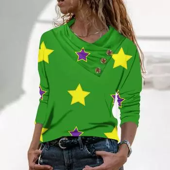 Женская повседневная рубашка с длинными рукавами и V-образным вырезом на пуговицах с модной футболкой с принтом L армия зеленый
