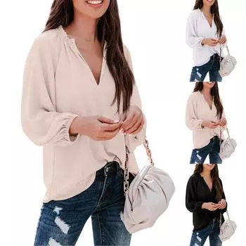 Женская повседневная рубашка с длинными рукавами и V-образным вырезом, свободный топ XL белый