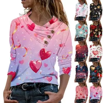 Женская повседневная рубашка с длинными рукавами и V-образным вырезом на пуговицах с модной футболкой с принтом L чёрный