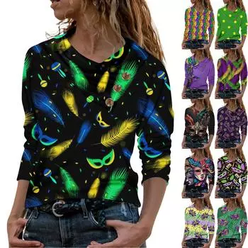 Женская повседневная рубашка с длинными рукавами и V-образным вырезом на пуговицах с модной футболкой с принтом L темно-зеленого