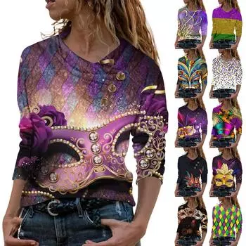 Женская повседневная рубашка с длинными рукавами и V-образным вырезом на пуговицах с модной футболкой с принтом L чёрный