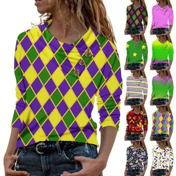 Женская повседневная рубашка с длинными рукавами и V-образным вырезом на пуговицах с модной футболкой с принтом L армия зеленый