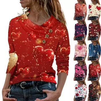 Женская повседневная рубашка с длинными рукавами и V-образным вырезом на пуговицах с модной футболкой с принтом XXXL синий