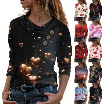 Женская повседневная рубашка с длинными рукавами и V-образным вырезом на пуговицах с модной футболкой с принтом XXL тёмно-синий