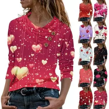 Женская повседневная рубашка с длинными рукавами и V-образным вырезом на пуговицах с модной футболкой с принтом L чёрный