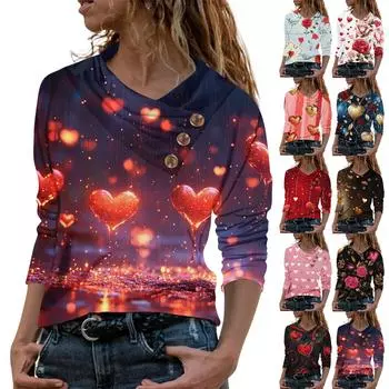 Женская повседневная рубашка с длинными рукавами и V-образным вырезом на пуговицах с модной футболкой с принтом L винный