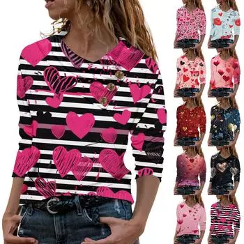 Женская повседневная рубашка с длинными рукавами и V-образным вырезом на пуговицах с модной футболкой с принтом L красный