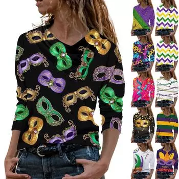 Женская повседневная рубашка с длинными рукавами и V-образным вырезом на пуговицах с модной футболкой с принтом L чёрный