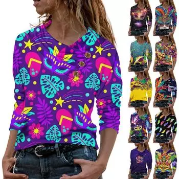 Женская повседневная рубашка с длинными рукавами и V-образным вырезом на пуговицах с модной футболкой с принтом S