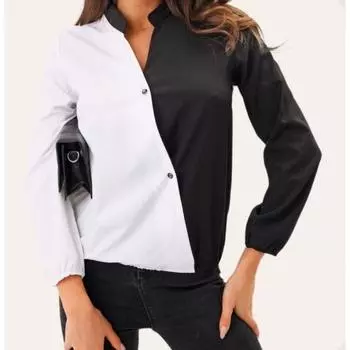 Женская повседневная рубашка с длинными рукавами и V-образным вырезом в стиле двойной цветной блокировки L белый
