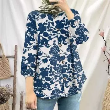 Женская повседневная рубашка с круглым вырезом 45355, свободные топы с пышными рукавами, однобортная блузка с цветочным принтом, уличная одежда 3XL зелёный