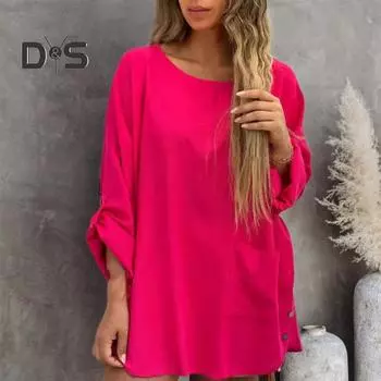 Женская повседневная рубашка с круглым вырезом, длинными рукавами, карманом, неровным подолом, однотонная, свободная посадка, средней длины, пуловер, уличный стиль XXXL синий