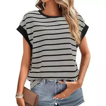 Женская повседневная рубашка с круглым вырезом и коротким рукавом, эластичная завязка на боку L чёрный