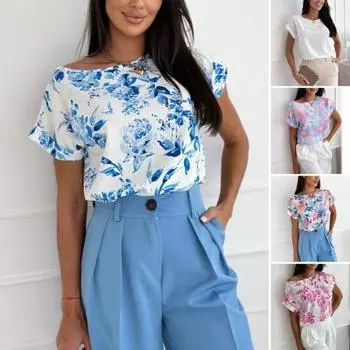 Женская повседневная рубашка с круглым вырезом и коротким рукавом, свободная рубашка с цветочным принтом, рабочая блузка для отдыха L розы красного