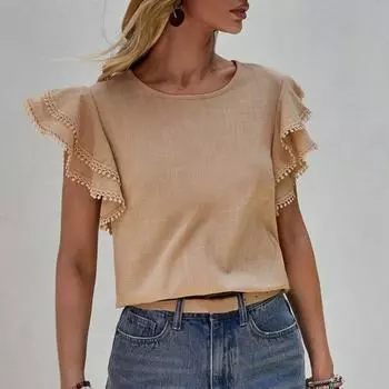 Женская повседневная рубашка с круглым вырезом и рюшами, пуловер с короткими рукавами, однотонная блузка свободного покроя, уличная одежда L розовый