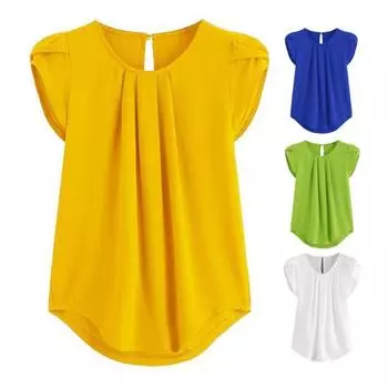 Женская повседневная рубашка с круглым вырезом и лепестками, пуловер с короткими рукавами, однотонная плиссированная футболка M жёлтый