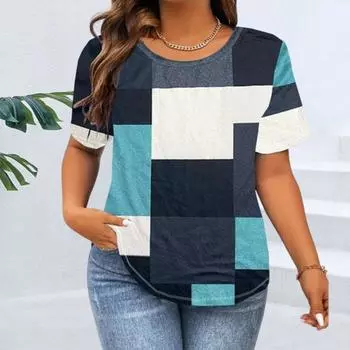 Женская повседневная рубашка с круглым вырезом и коротким рукавом, свободная рубашка с квадратным принтом, рабочая блузка для отдыха, уличная одежда XL розы красного