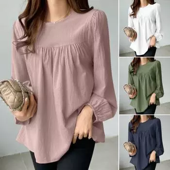 Женская повседневная рубашка с круглым вырезом и фонариком, пуловер с длинными рукавами, однотонная свободная рубашка L армия зеленый