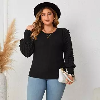 Женская повседневная рубашка с круглым вырезом и длинным рукавом-фонариком, однотонная рубашка, мягкая, дышащая, удобная, легкая рубашка, пуловер, тонкий топ для работы и отдыха XL чёрный