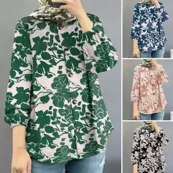 Женская повседневная рубашка с круглым вырезом и рукавами 3/4, свободный крой, однобортная блузка с цветочным принтом, уличная одежда 3XL зелёный