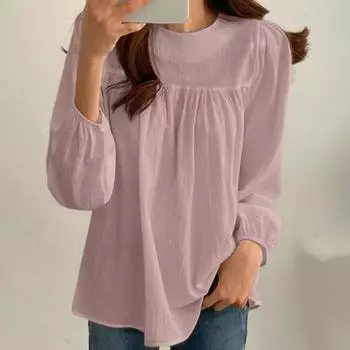 Женская повседневная рубашка с круглым вырезом и фонариком, пуловер с длинными рукавами, однотонная рубашка свободного покроя, уличная одежда L армия зеленый