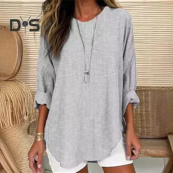 Женская повседневная рубашка с круглым вырезом и длинными рукавами, свободные топы, рубашка средней длины с принтом в вертикальную полоску, повседневная одежда 2XL синий