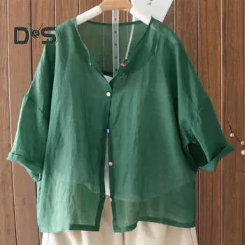 Женская повседневная рубашка с круглым вырезом и половиной рукава, тонкая рубашка с цветными пуговицами, свободная посадка, однотонные рубашки, топы 3XL белый