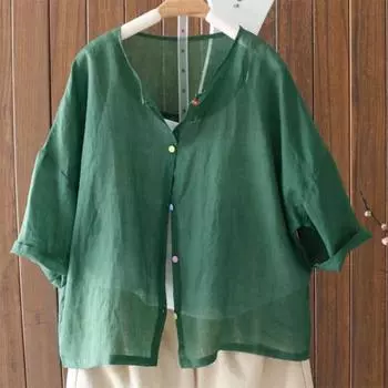 Женская повседневная рубашка с круглым вырезом и половиной рукава, тонкая рубашка с цветными пуговицами, свободная посадка, однотонные рубашки, топы 3XL белый