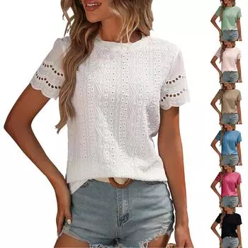 Женская повседневная рубашка с круглым вырезом и коротким рукавом, эластичная завязка на боку L армия зеленый