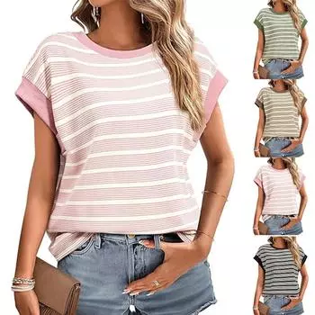 Женская повседневная рубашка с круглым вырезом и коротким рукавом, эластичная завязка на боку L чёрный