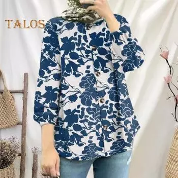 Женская повседневная рубашка с круглым вырезом и рукавами 3/4, свободный крой, однобортная блузка с цветочным принтом, уличная одежда 3XL зелёный