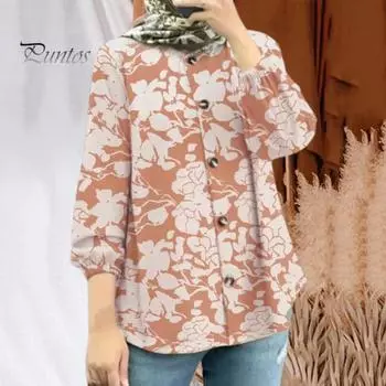 Женская повседневная рубашка с круглым вырезом и рукавами 3/4, свободный крой, однобортная блузка с цветочным принтом, уличная одежда 3XL зелёный