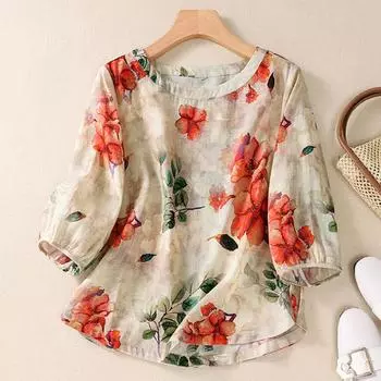 Женская повседневная рубашка с круглым вырезом и рукавами 3/4, красочная блузка с цветочным принтом, пляжная рубашка в богемном стиле, уличная одежда M оранжевый