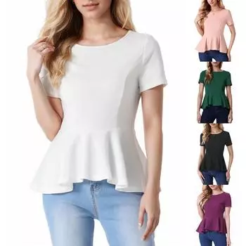 Женская повседневная рубашка с круглым вырезом и коротким рукавом, эластичная завязка на боку L чёрный