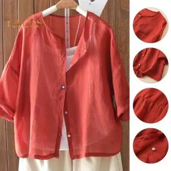 Женская повседневная рубашка с круглым вырезом и половиной рукава, тонкая рубашка с цветными пуговицами, свободная посадка, однотонные рубашки, топы 3XL белый