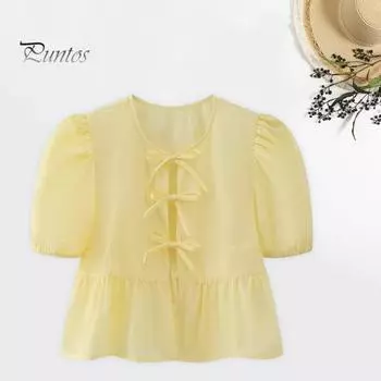 Женская повседневная рубашка с круглым вырезом, пышные топы с короткими рукавами, однотонные укороченные топы на шнуровке с рюшами и подолом, уличная одежда S синий