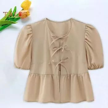 Женская повседневная рубашка с круглым вырезом, пышные топы с короткими рукавами, однотонные укороченные топы с рюшами и шнуровкой, уличная одежда S синий