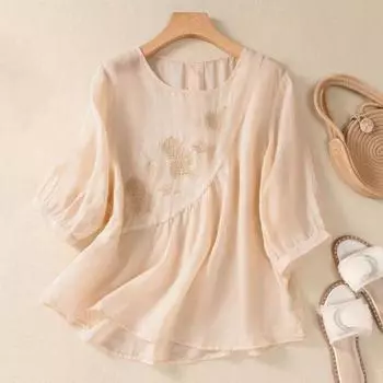 Женская повседневная рубашка с круглым вырезом, рубашка с рукавом три четверти, топ с вышитым цветочным узором, асимметричный подол, однотонные свободные топы M белый