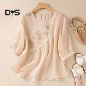 Женская повседневная рубашка с круглым вырезом, рубашка с рукавом три четверти, топ с вышитым цветочным узором, асимметричный подол, однотонные свободные топы M белый