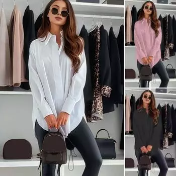 Женская повседневная рубашка с лацканами, длинный рукав, однобортная рубашка, однотонная, свободная, для поездок на работу, офисная женская рубашка S розовый