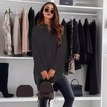 Женская повседневная рубашка с лацканами, длинный рукав, однобортная рубашка, однотонная, свободная, для поездок на работу, офисная женская рубашка S чёрный