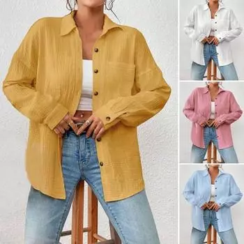 Женская повседневная рубашка с лацканами, длинным рукавом, на пуговицах, повседневный топ с накладным карманом, однотонный цвет S белый